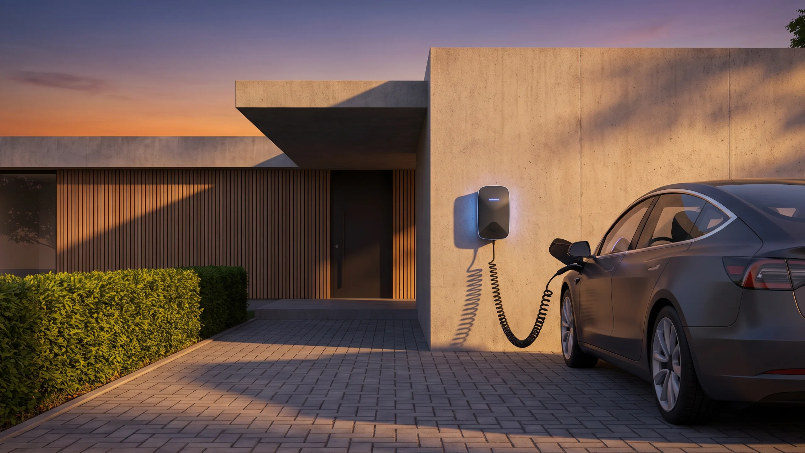 Wallbox an der Garagenwand lädt ein Elektroauto in der Abenddämmerung