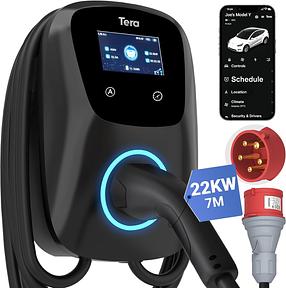 Tera EV Charger Smart App with 32A Type 2 22kW Home Charging Station 400V CE & TÜV Wallbox 7 m Charging Cable with Charger Holder App Control CEE 3-Phase Plug for All EVs and PHEVs W01 Black