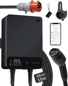 dé Wallbox 22 kW with App 10 m Type 2, EV Charging Station 3-Phase 6-32A RFID | With LCD, cable holder, IP54 protection and RCD type A 30mA AC + 6mA DC, EV charger type 2 for BEV/PHEV, black