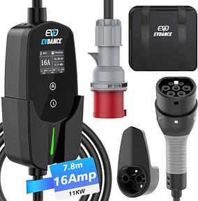 EVDANCE Mobile Wallbox 11kW mit Typ 2 Ladekabel, 7,8 m, einstellbare Ladeleistung